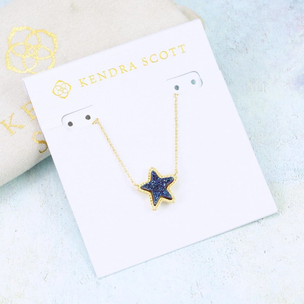 Kendra Scott Jae Star Blue Drusy Necklace Gold Plated - Picture 3 of 6